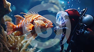 Ridiculously funny picture of a fish appearing to engage in a deep conversation with a plastic scuba diver decoration