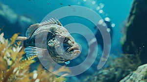 Ridiculously funny picture of a fish appearing to engage in a deep conversation with a plastic scuba diver decoration