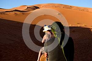 Riding on the backs of the dromedaries through the dunes of the desert.