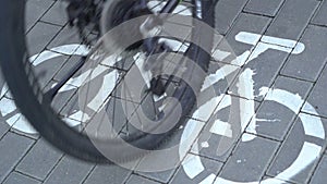 Riding bicycle, crossing cycle path sign, bike friendly city, urban scene