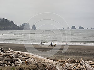 Riding bicycles on the beach