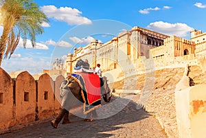 Riding an elephant in Amber Fort, Jaipur, India