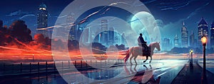 Riding on a horse night city, futuristic drive concept