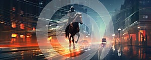 Riding on horse a night city, futuristic drive concept