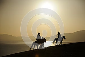 Riding horse at sunrise