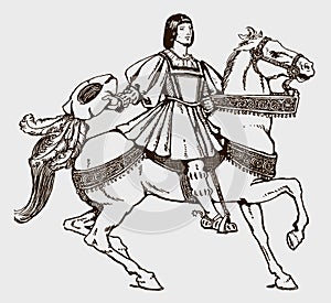 Riding horseman from early 16th century waving hat