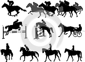 Riding horses silhouettes set. equestrian sport and recreation