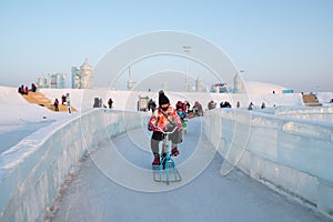 Harbin Ice Festival 2018 - Riding the Ice bike- ice and snow buildings, fun, sledging, night, travel china