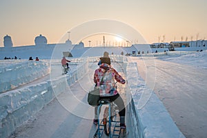 Harbin Ice Festival 2018 - Riding the Ice bike- ice and snow buildings, fun, sledging, night, travel china