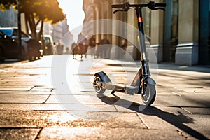 Riding kick scooter at high speed on city street. Violating speed limits while riding a scooter. Safety in the city