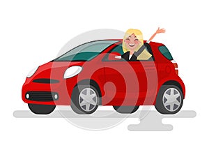 Riding on the machine. Happy blond woman rides in the car. Vector illustration in cartoon style