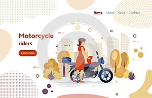 Riding motorbike website landing page cartoon vector