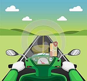 Riding motorcycle with gps map smartphone on dashboard from pov view. courier delivery service online transportation rider concept