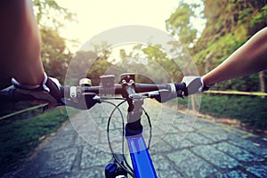 Riding mountain bike on forest