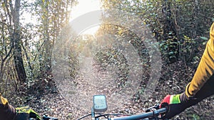 Riding a mountain bike rider handlebar point of view in the middle of a single track in a forest