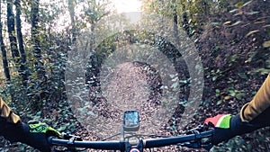 Riding a mountain bike rider handlebar point of view in the middle of a single track in the forest