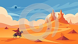 Riding through a mystical desert trying to avoid sandstorms and outpace flying carpets.. Vector illustration.