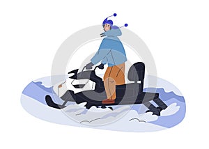 Riding snowmobile. Happy character driving snow mobile. Motor sleigh rider, extreme vehicle, transport for adventure