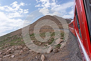 Riding to summit of Pikes peak on Colorado Cog rail train