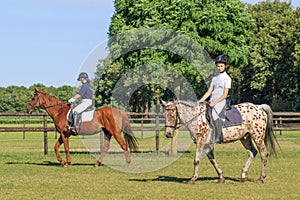 Two youn girls riding a horse in a green meadow with trees.