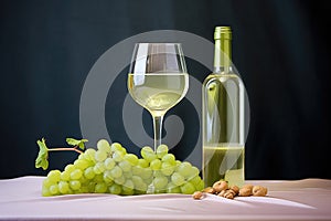 riesling wine glass with clear bottle and green grapes