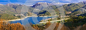 Rieti province, Italy, beautiful lake Turano and village Colle di tora