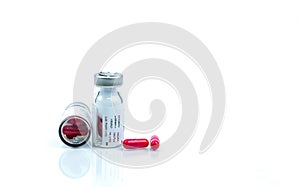 Rifampicin capsule for treatment tuberculosis and leprosy. Antibiotic resistance of tuberculosis TB. Antituberculosis drug. Red