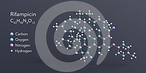 rifampicin molecule 3d rendering, flat molecular structure with chemical formula and atoms color coding photo