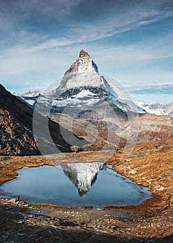 Riffelsee lake and Matterhorn mountain reflection at Switzerland