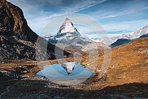 Riffelsee lake and Matterhorn mountain reflection at Switzerland