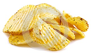 Riffled potato chips are isolated on a white background