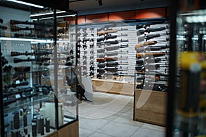 Rifle choice, showcase in gun shop, nobody