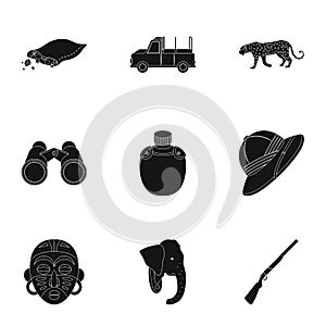 Rifle, mask, map of the territory, diamonds and other equipment. African safari set collection icons in black style