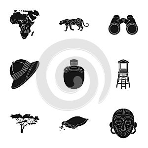 Rifle, mask, map of the territory, diamonds and other equipment. African safari set collection icons in black style