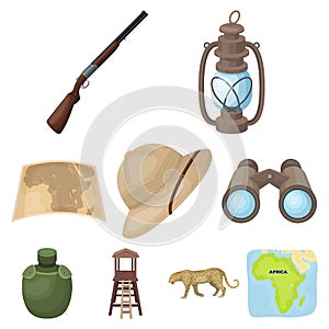 Rifle, mask, map of the territory, diamonds and other equipment. African safari set collection icons in cartoon style