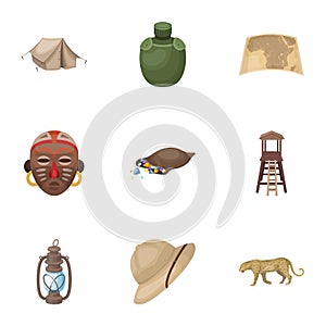 Rifle, mask, map of the territory, diamonds and other equipment. African safari set collection icons in cartoon style