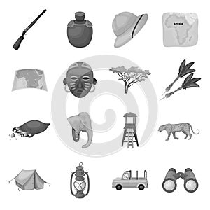 Rifle, mask, map of the territory, diamonds and other equipment. African safari set collection icons in monochrome style