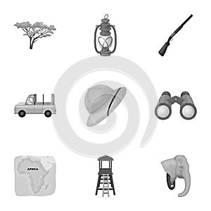 Rifle, mask, map of the territory, diamonds and other equipment. African safari set collection icons in monochrome style
