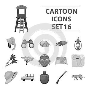 Rifle, mask, map of the territory, diamonds and other equipment. African safari set collection icons in monochrome style