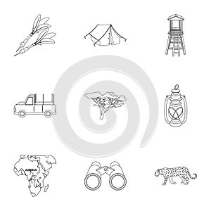 Rifle, mask, map of the territory, diamonds and other equipment. African safari set collection icons in outline style