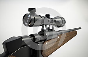 Rifle scope attached on the hunting rifle. 3D illustration