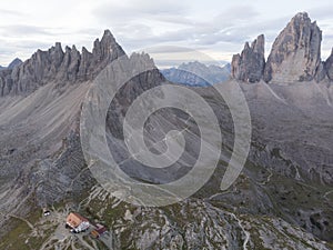 Rifugio Auronzo and Chiesetta degli alpini in National Park Tre Cime di Lavaredo, Dolomites alps, South Tyrol, Italy.