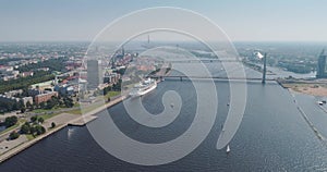 Riga city cable-stayed bridge Dugava river and il city Drone Flight yacht ferry