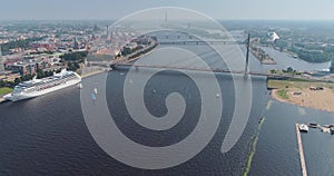 Riga city cable-stayed bridge Dugava river and il city Drone Flight yacht ferry