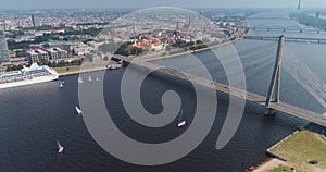 Riga city cable-stayed bridge Dugava river and il city Drone Flight yacht ferry