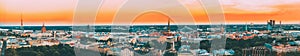 Riga, Latvia. Aerial View Panorama Cityscape At Sunset. TV Tower, Academy Of Sciences, St. Peter`s Church, Boulevard Of photo