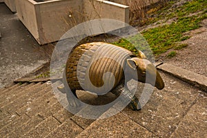 RIGA, LATVIA: Armadillo statue by Liene Mackus at the children`s playground Labyrinth