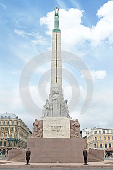 Riga, Latvia - August 10, 2014 -The Freedom Monument under sunny day in Riga, Latvia. The memorial honours the soldiers killed dur