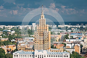 Riga, Latvia. Building of Latvian Academy of Sciences. Aerial