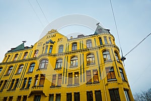 RIGA, LATVIA: The Cat House is styled as medieval architecture with some elements of Art Nouveau and located across the house of